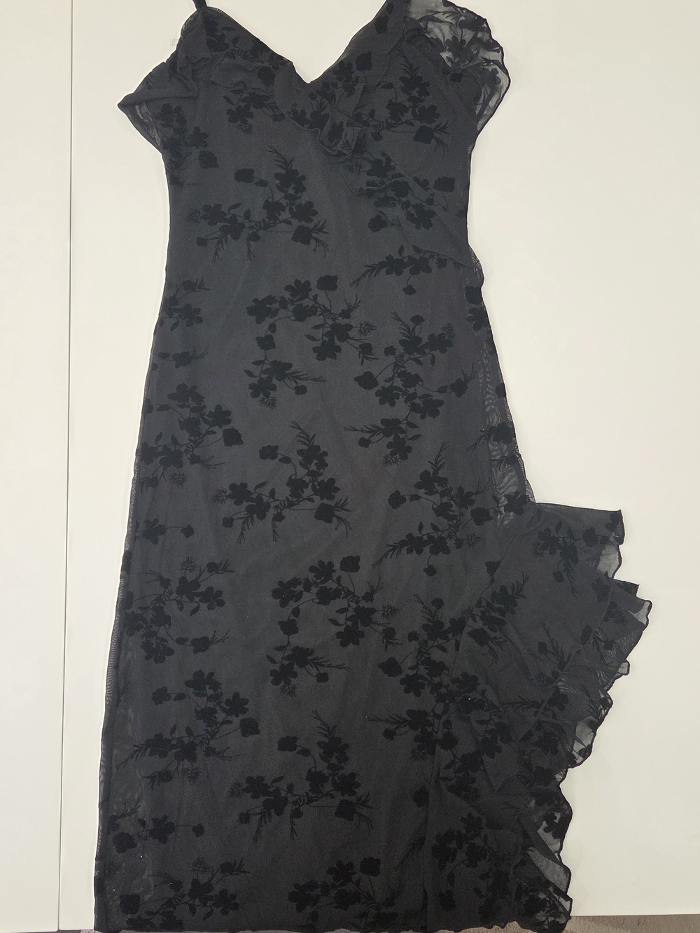 Inspired Hearts Black Floral Asymmetrical Mesh Slip Dress